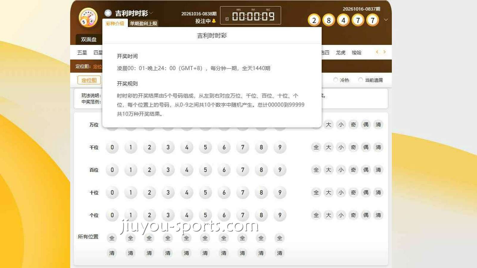 九游体育《吉利时时彩》定位胆玩法规则详解：开奖时间与中奖条件